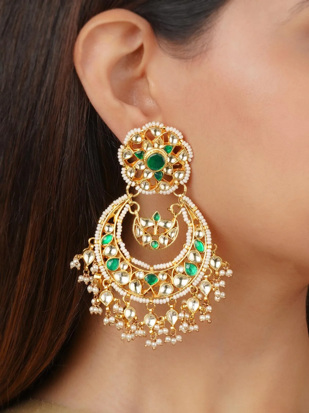 Green Color Gold Plated Jadau Kundan Earrings - ME1YGR