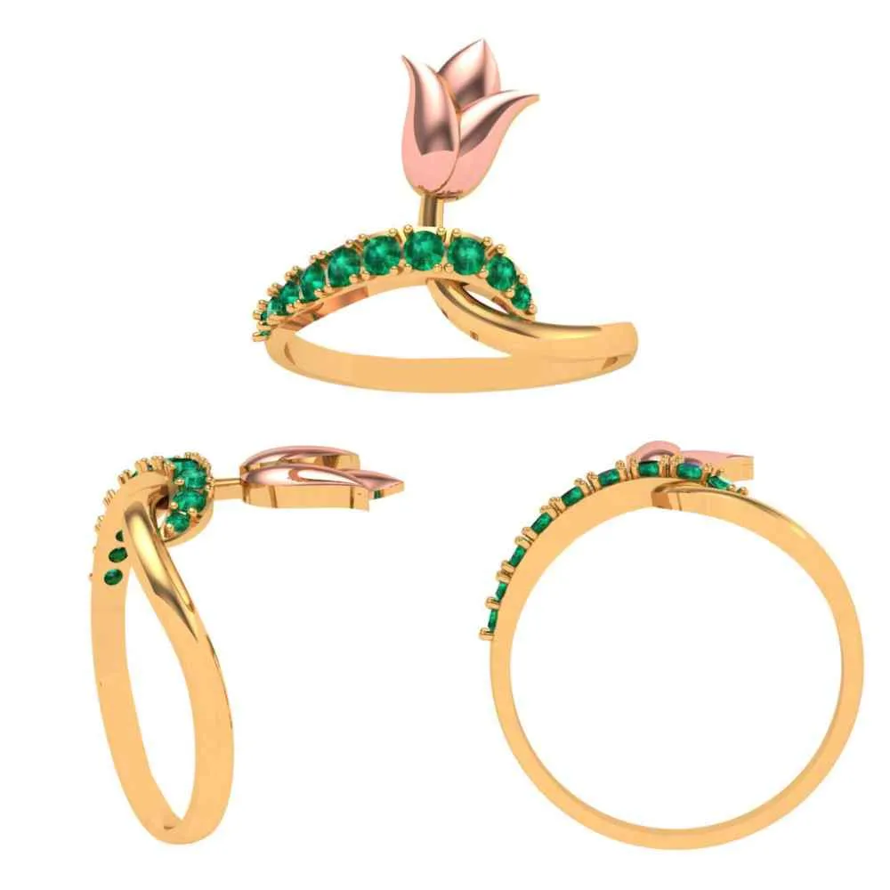 Green Stone Studded Lotus Themed Gold Rings For Women
