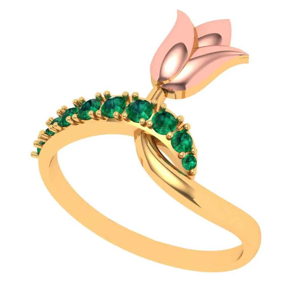 Green Stone Studded Lotus Themed Gold Rings For Women