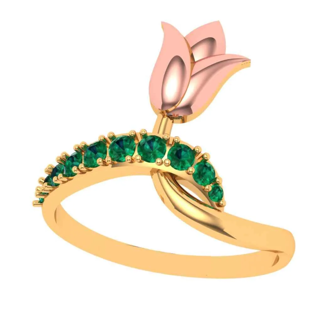 Green Stone Studded Lotus Themed Gold Rings For Women