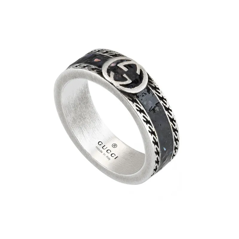 Gucci Interlocking Sterling Silver Black Enamel Band Ring D