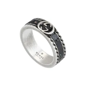 Gucci Interlocking Sterling Silver Black Enamel Band Ring D