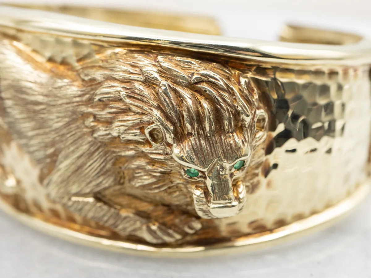 Hammered Gold Emerald Eye Lion Cuff Bracelet