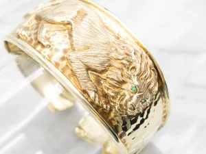 Hammered Gold Emerald Eye Lion Cuff Bracelet
