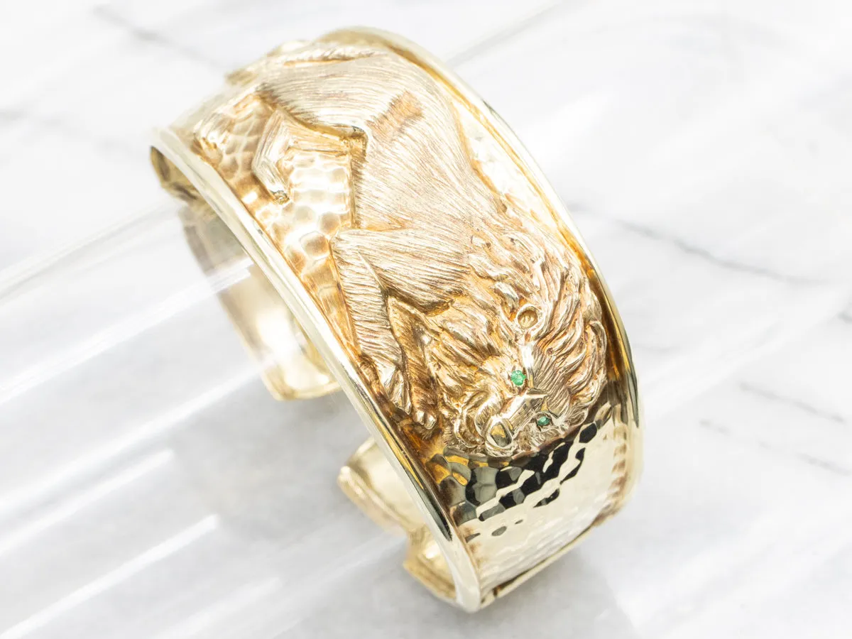 Hammered Gold Emerald Eye Lion Cuff Bracelet