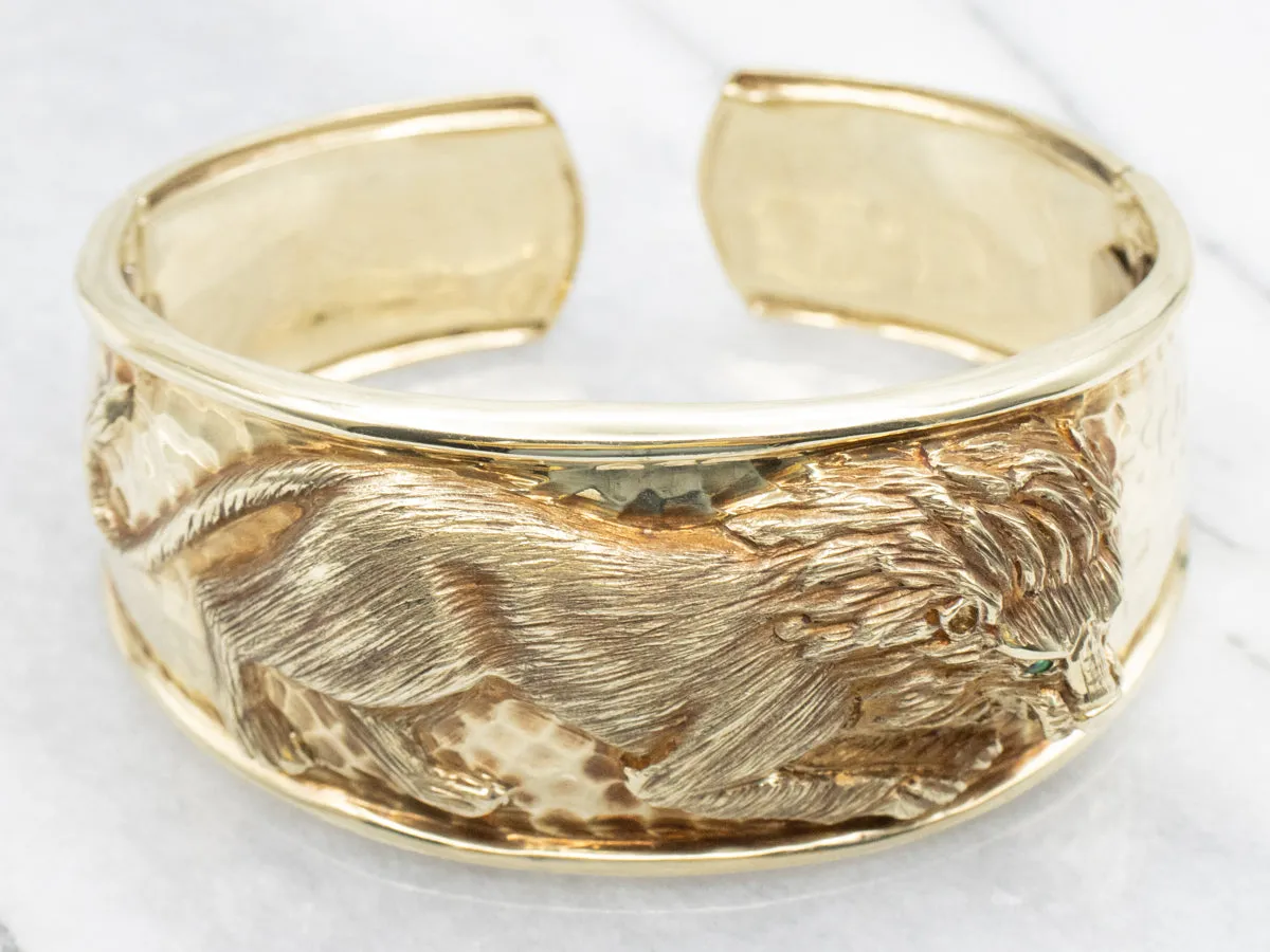 Hammered Gold Emerald Eye Lion Cuff Bracelet