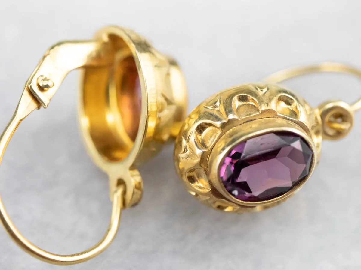 High Karat Gold Purple Glass Drop Earrings