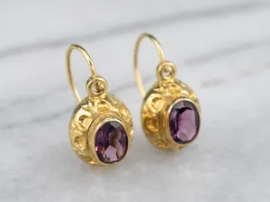 High Karat Gold Purple Glass Drop Earrings