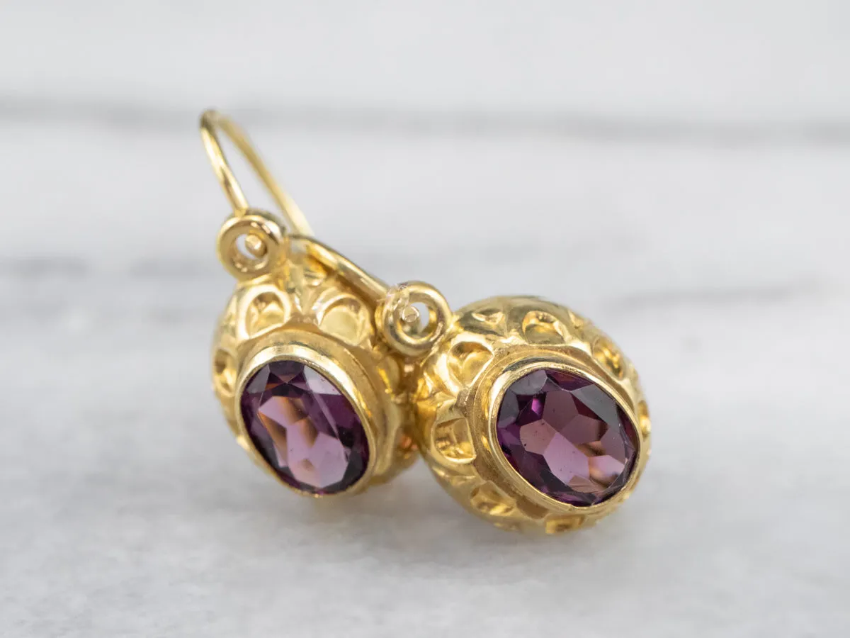 High Karat Gold Purple Glass Drop Earrings