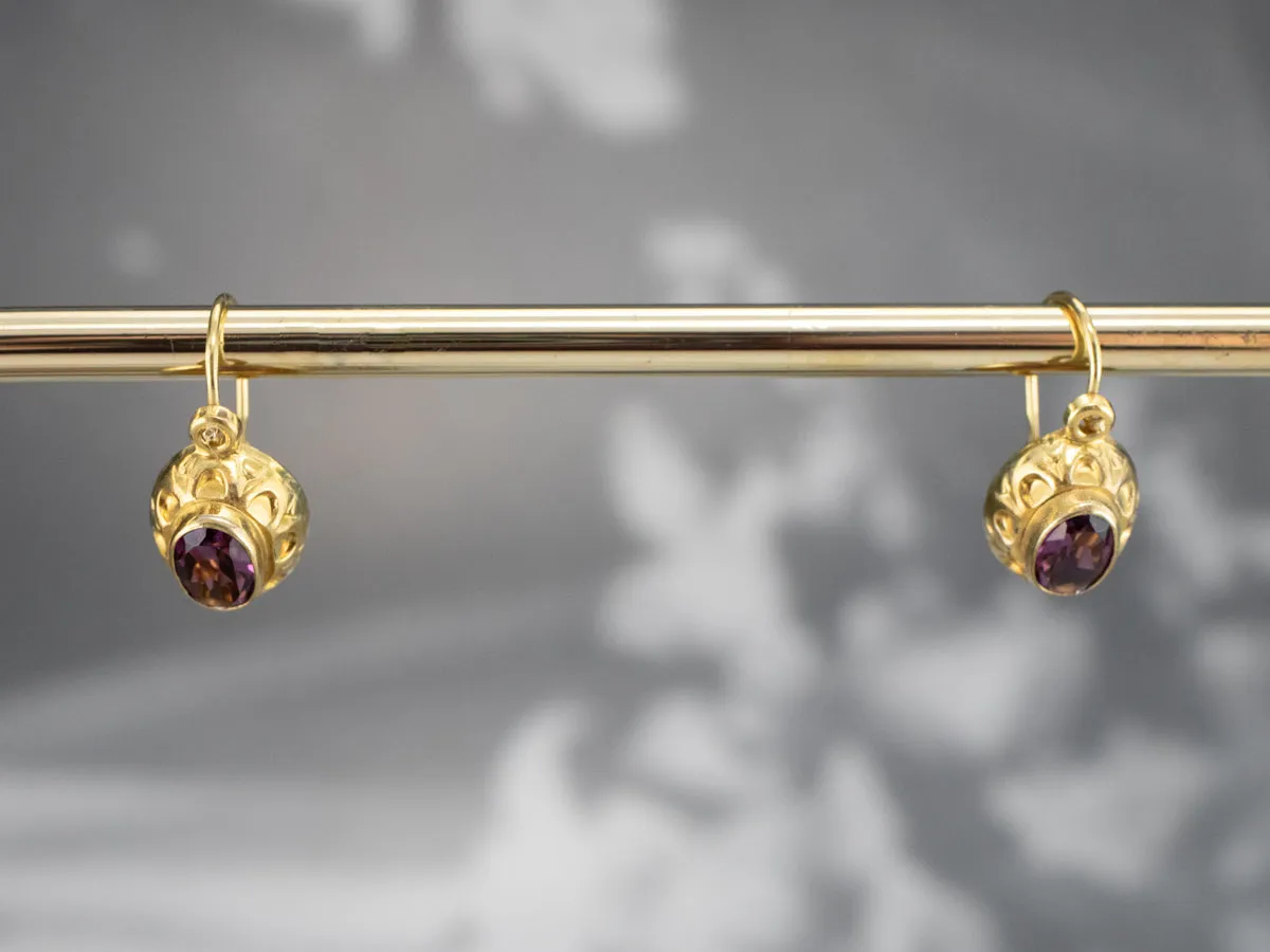 High Karat Gold Purple Glass Drop Earrings