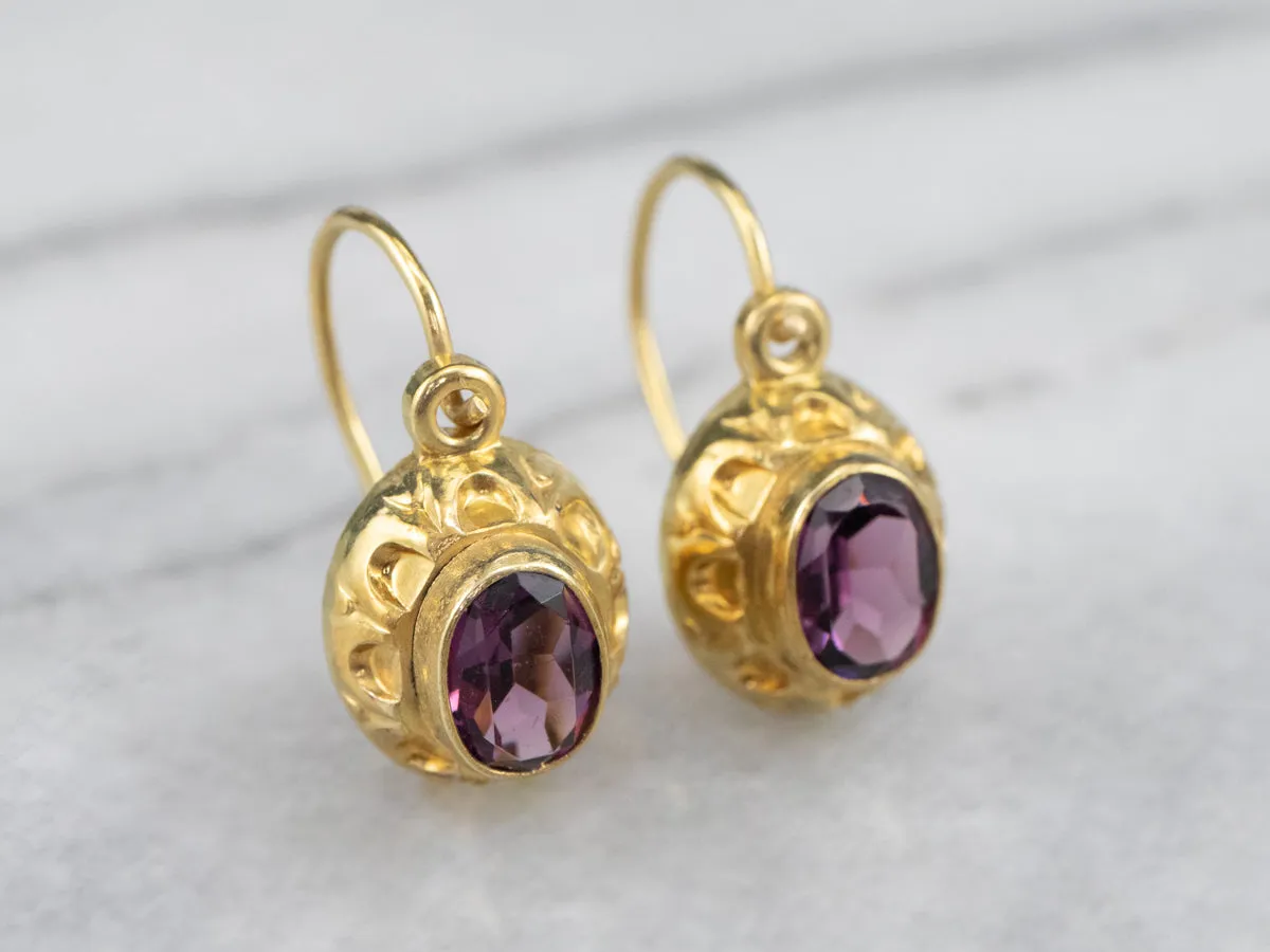 High Karat Gold Purple Glass Drop Earrings