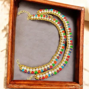 Hira Collections Traditional Gold Plated Beaded Austrian Stones Payal Anklets