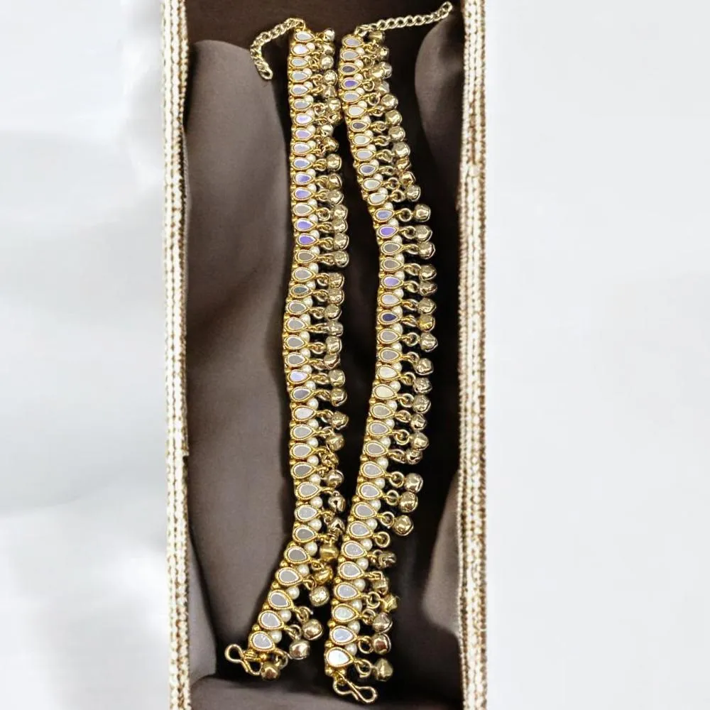 Hira Collections Traditional Gold Plated Mirror Stones Payal Anklets
