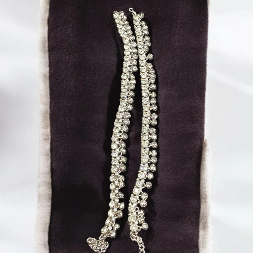 Hira Collections Traditional Silver Plated Austrain Stones Payal Anklets