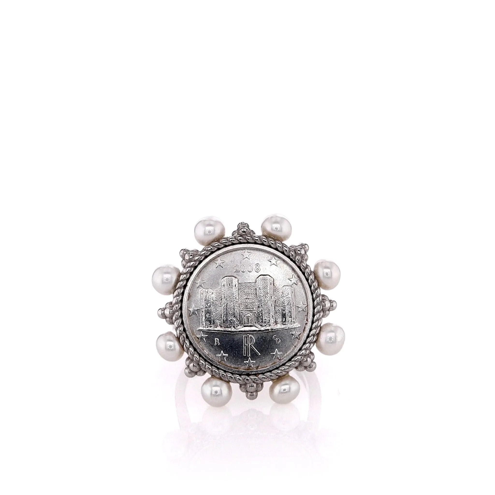 Honora Sterling Silver Coin Design Center and Button Pearl Ring