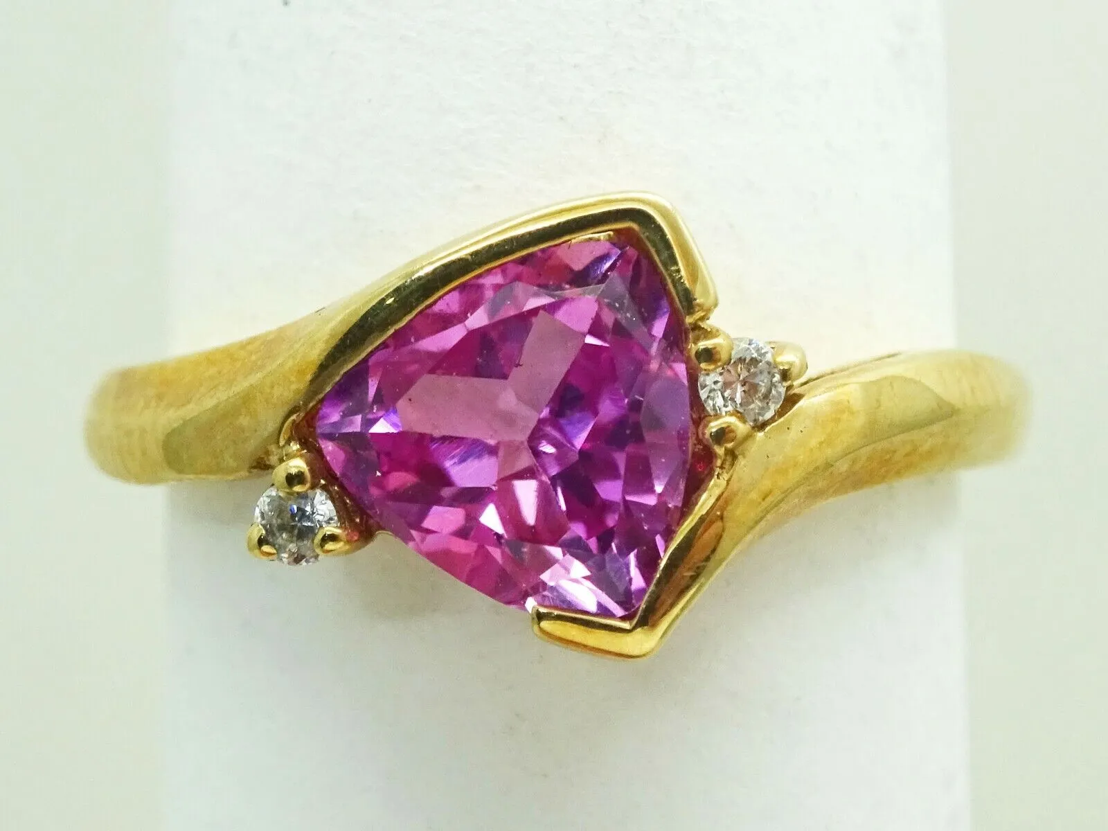 Lab-Created Trillion-Cut Pink Sapphire & CZ Ring 10k Gold Size 7