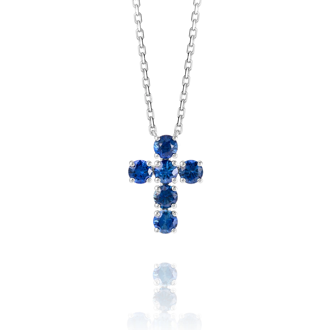 Large Blue Sapphire Cross Pendant White Gold