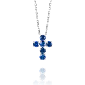 Large Blue Sapphire Cross Pendant White Gold
