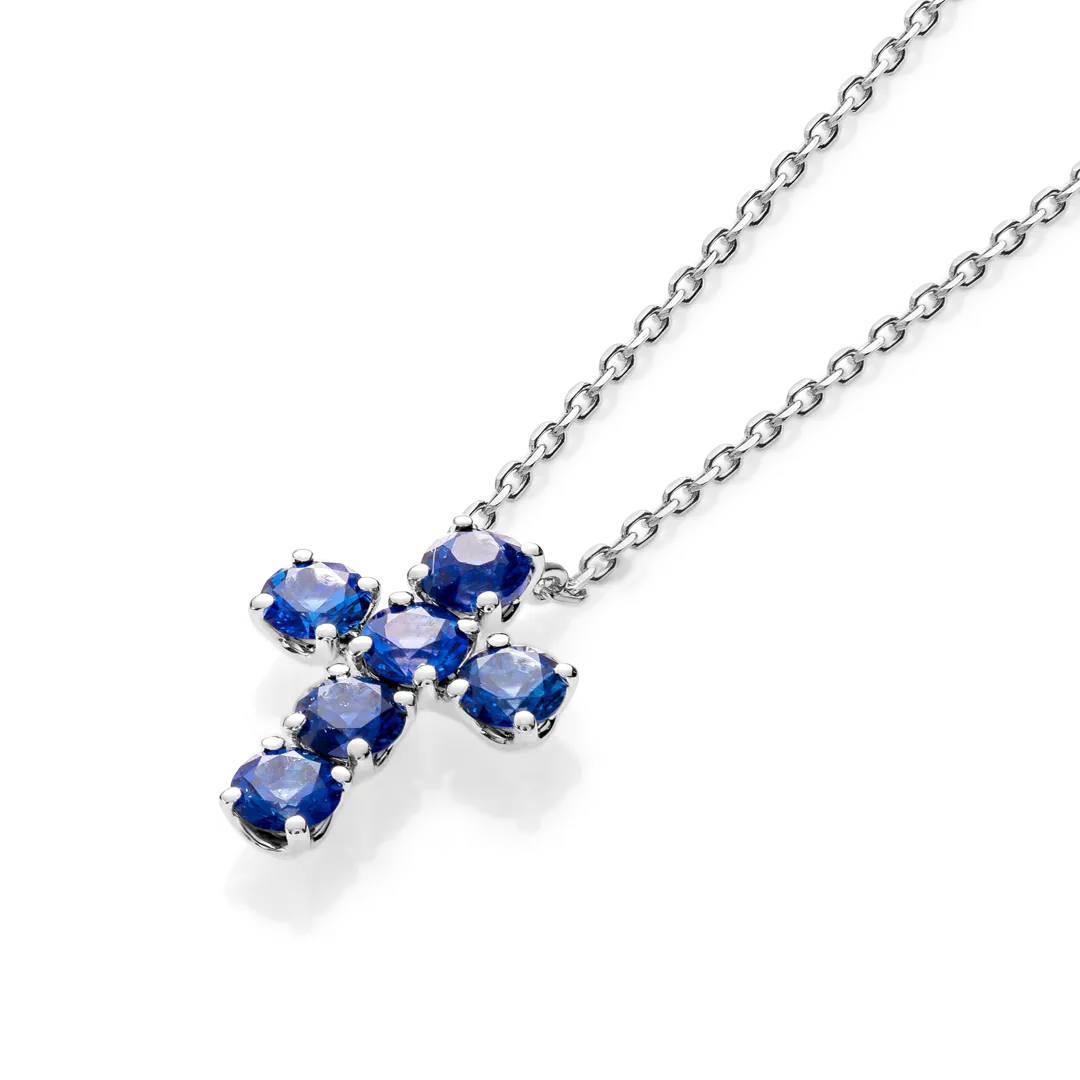 Large Blue Sapphire Cross Pendant White Gold