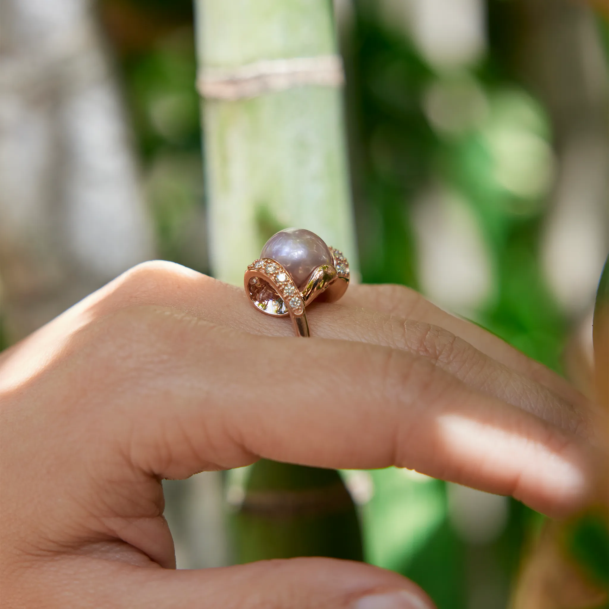 Lilac Freshwater Pearl Ring in Rose Gold with Diamonds - 12-13mm