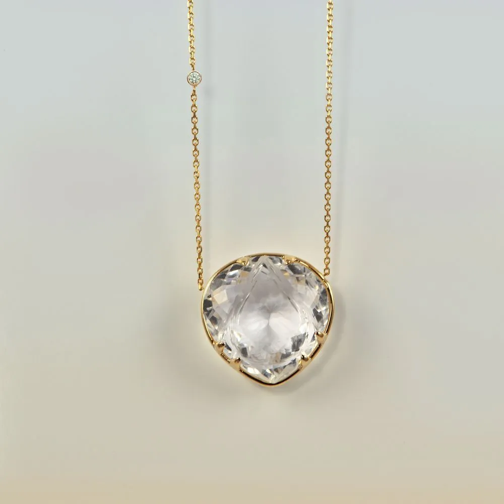 Lotus 18K Gold Necklace w. Diamonds & Crystal Quartz