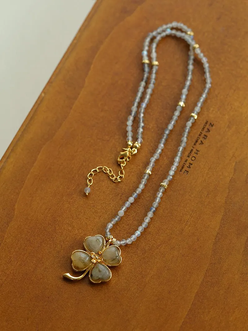 Lucky Four-leaf Clover Labradorite Charm Necklace