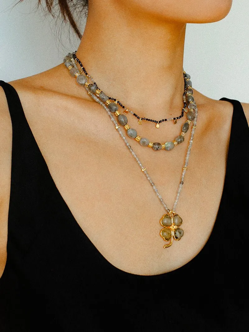 Lucky Four-leaf Clover Labradorite Charm Necklace