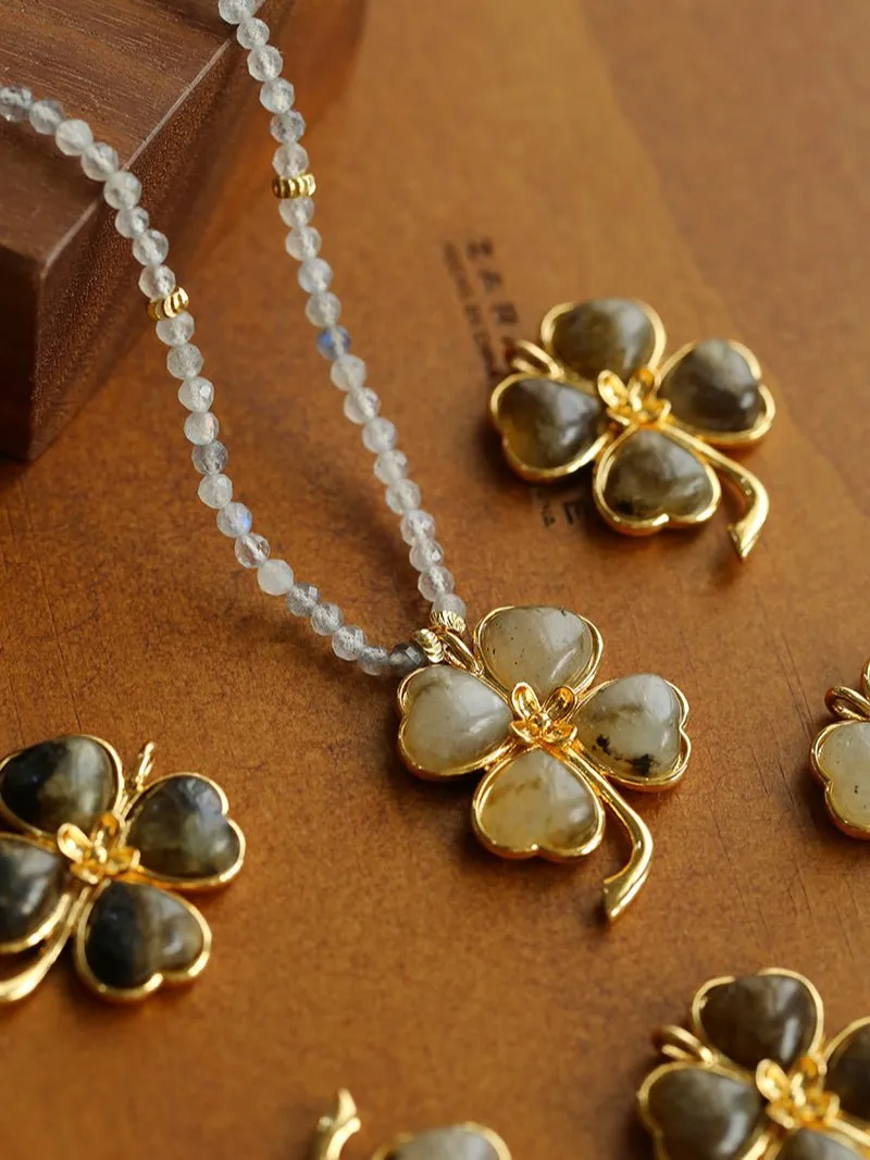 Lucky Four-leaf Clover Labradorite Charm Necklace