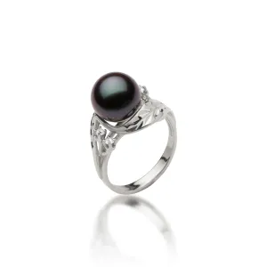 Maile Tahitian Black Pearl Ring in White Gold with Diamonds - 9-10mm