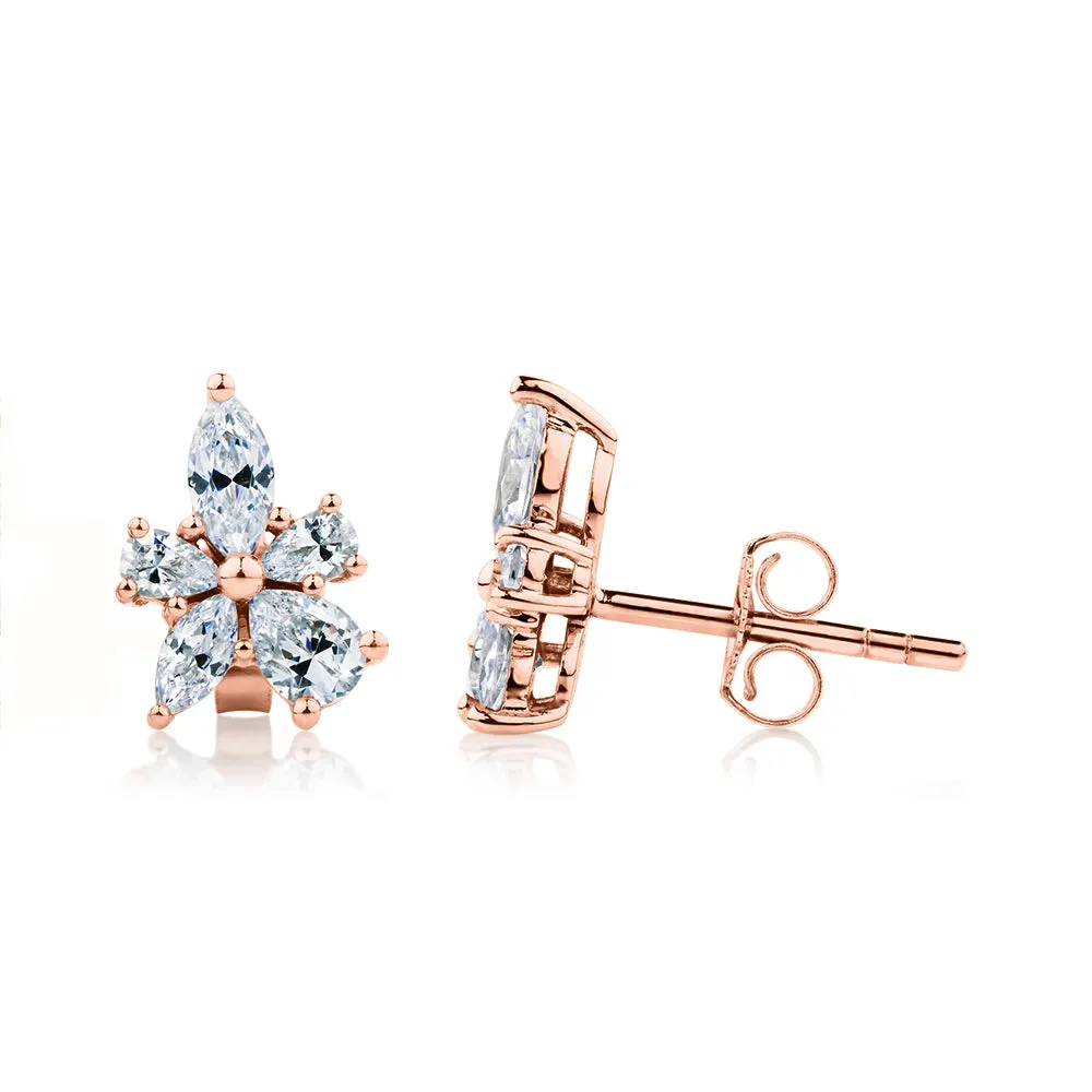 Marquise and Pear stud earrings with 1.42 carats* of diamond simulants in 10 carat rose gold