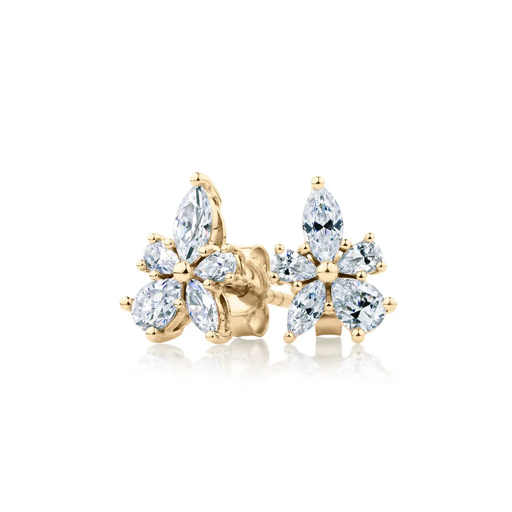 Marquise and Pear stud earrings with 1.42 carats* of diamond simulants in 10 carat yellow gold