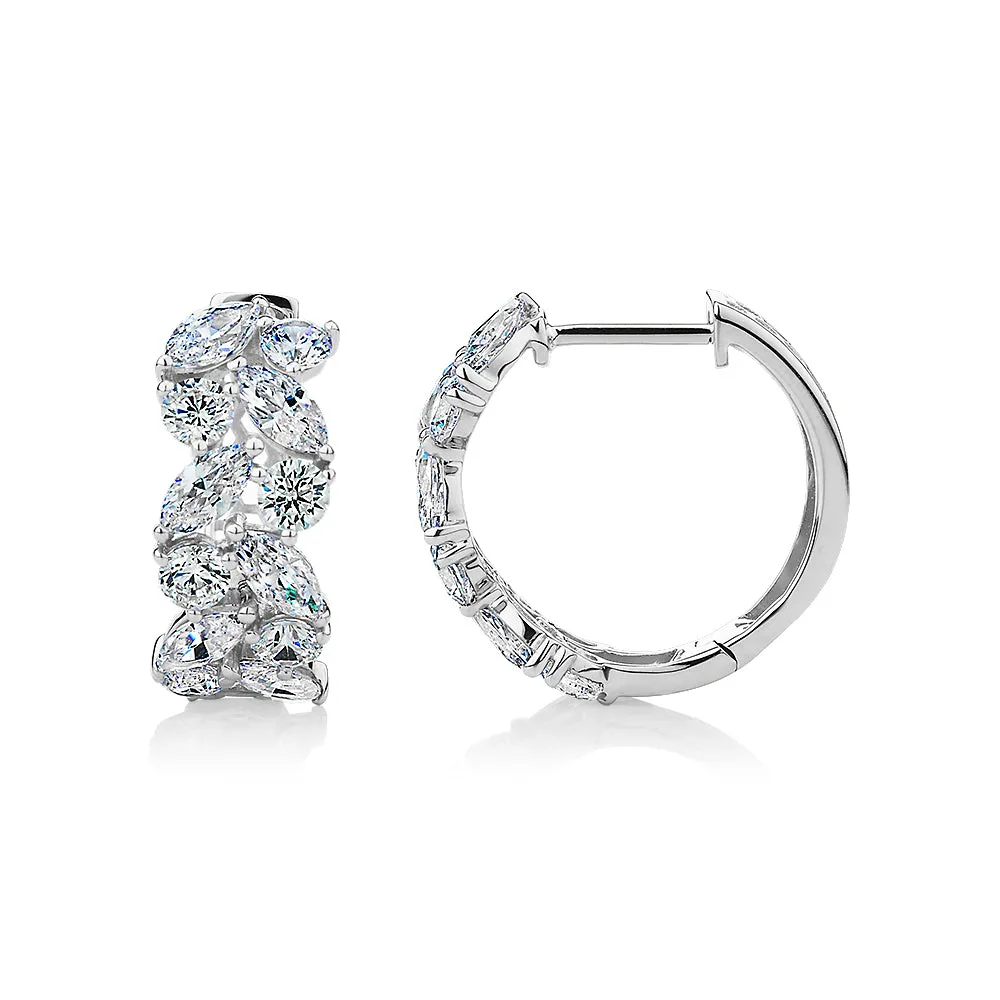 Marquise and Round Brilliant hoop earrings with 2.88 carats* of diamond simulants in 10 carat white gold