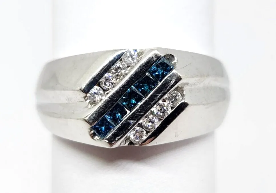 Men's 14k White Gold 0.5ct tw Princess Cut Blue  & White Diamond Ring, Size 12