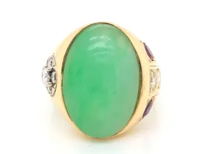 Men's Oval Pale Mottled Green Jade, Diamond and Ruby Ring - 14k Yellow Gold