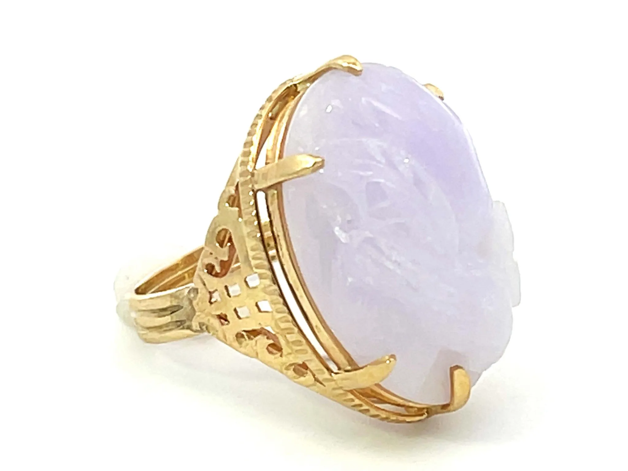 Mings Bird and Flower Carved Lavender Jade Ring 14k Yellow Gold