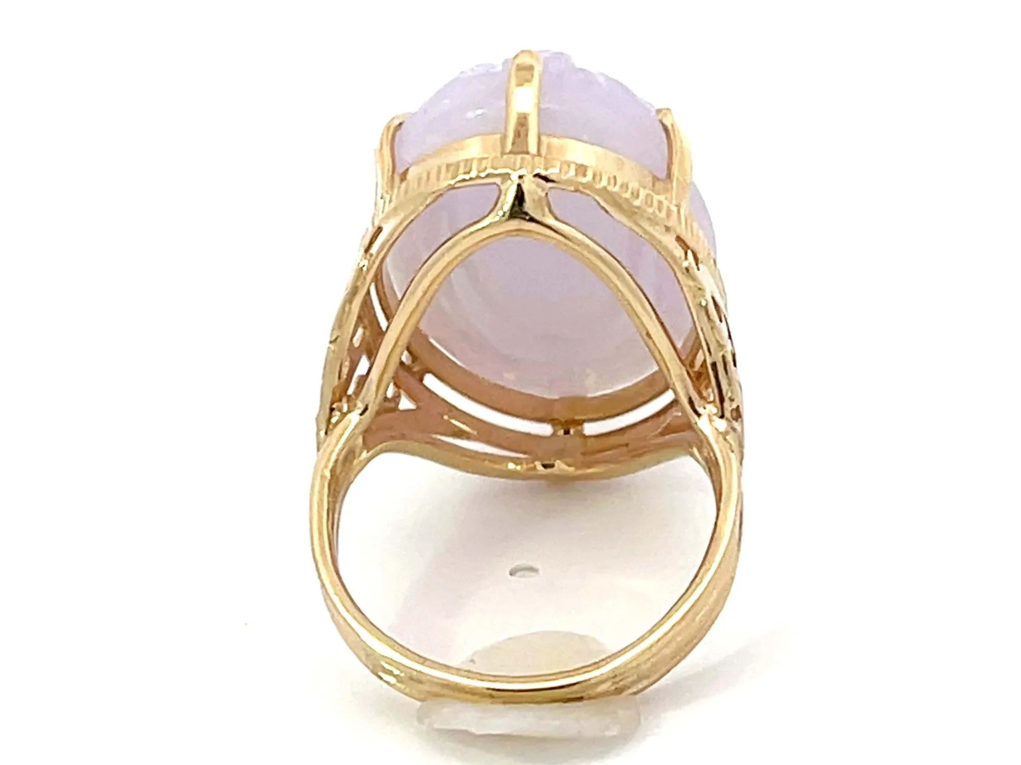 Mings Bird and Flower Carved Lavender Jade Ring 14k Yellow Gold