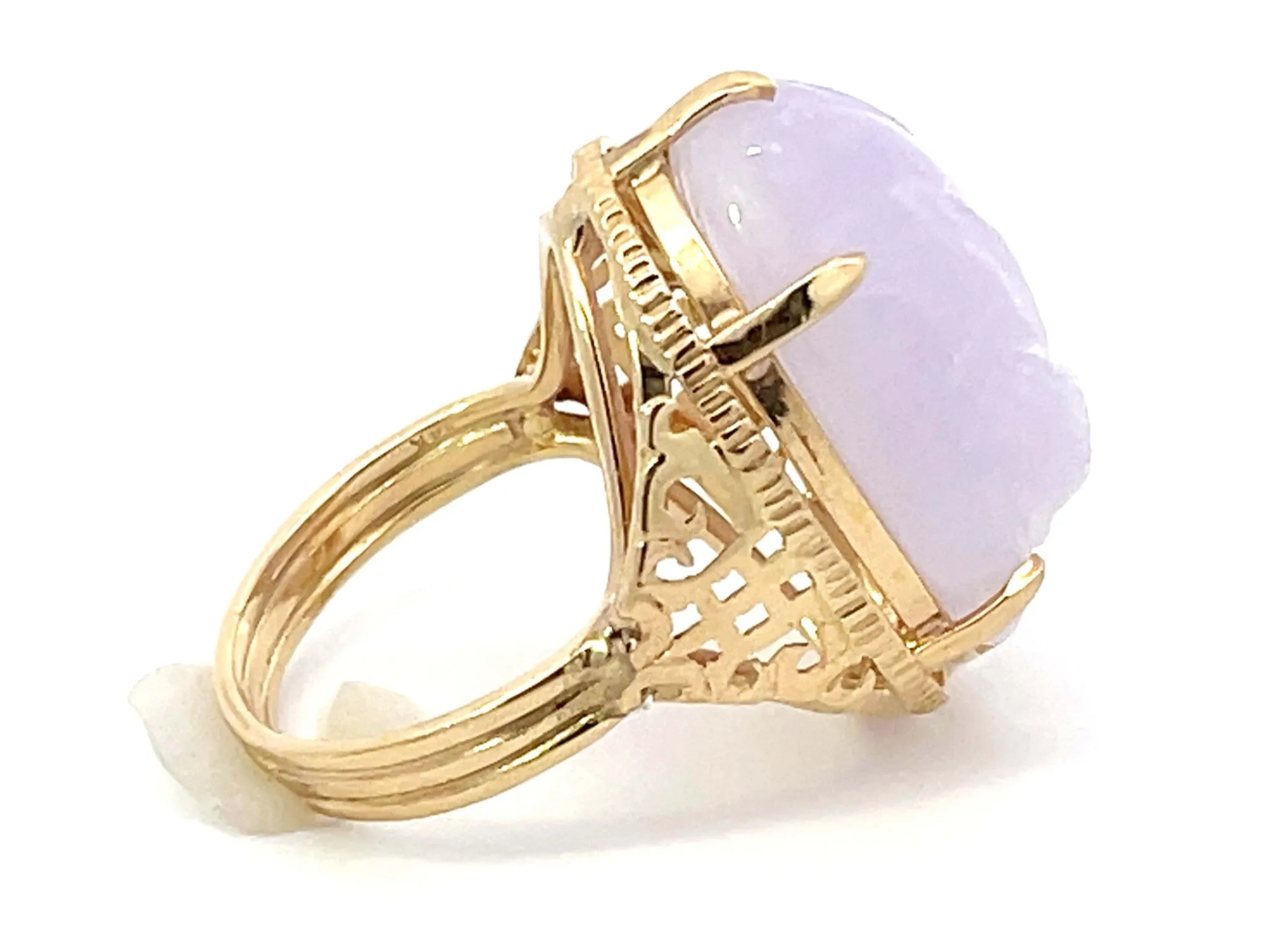 Mings Bird and Flower Carved Lavender Jade Ring 14k Yellow Gold
