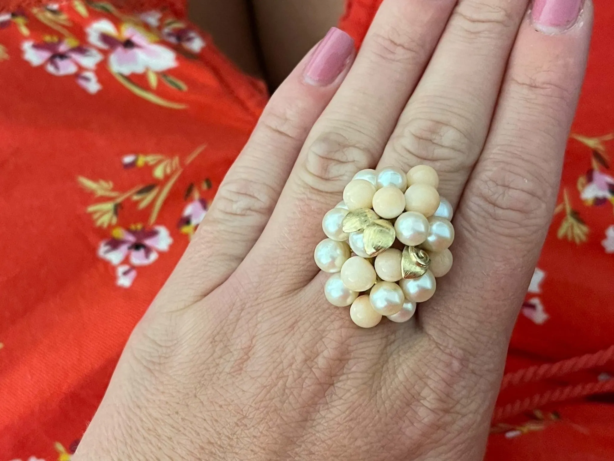 Mings Large Akoya Pearl and Angelskin Coral Leaf Ring in 14k Yellow Gold