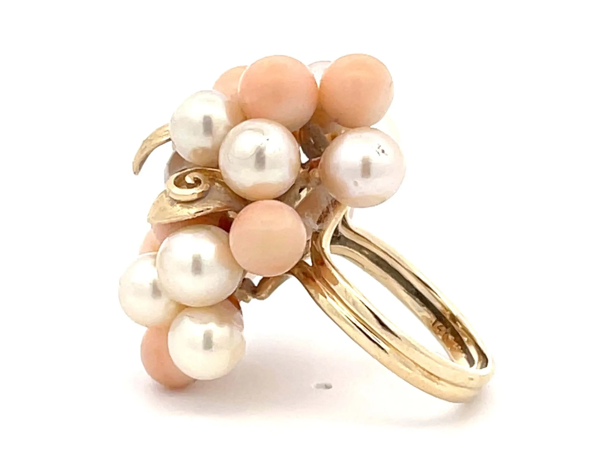 Mings Large Akoya Pearl and Angelskin Coral Leaf Ring in 14k Yellow Gold