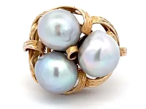 Mings Three Silver Pearl Ring in 14k Yellow Gold