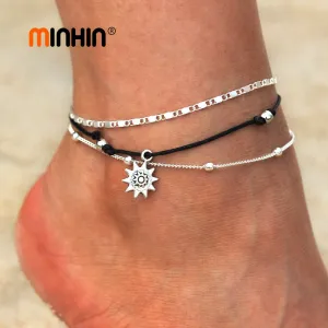 MINHIN Multi Layer Boho Anklets For Women Fashion Sun Pendent Silver Anklet Handmade Chain Anklets Foot Jewelry 2 Pcs
