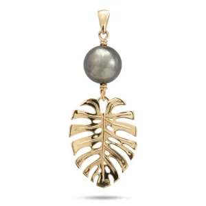 Monstera Tahitian Black Pearl Pendant in Gold - 23mm