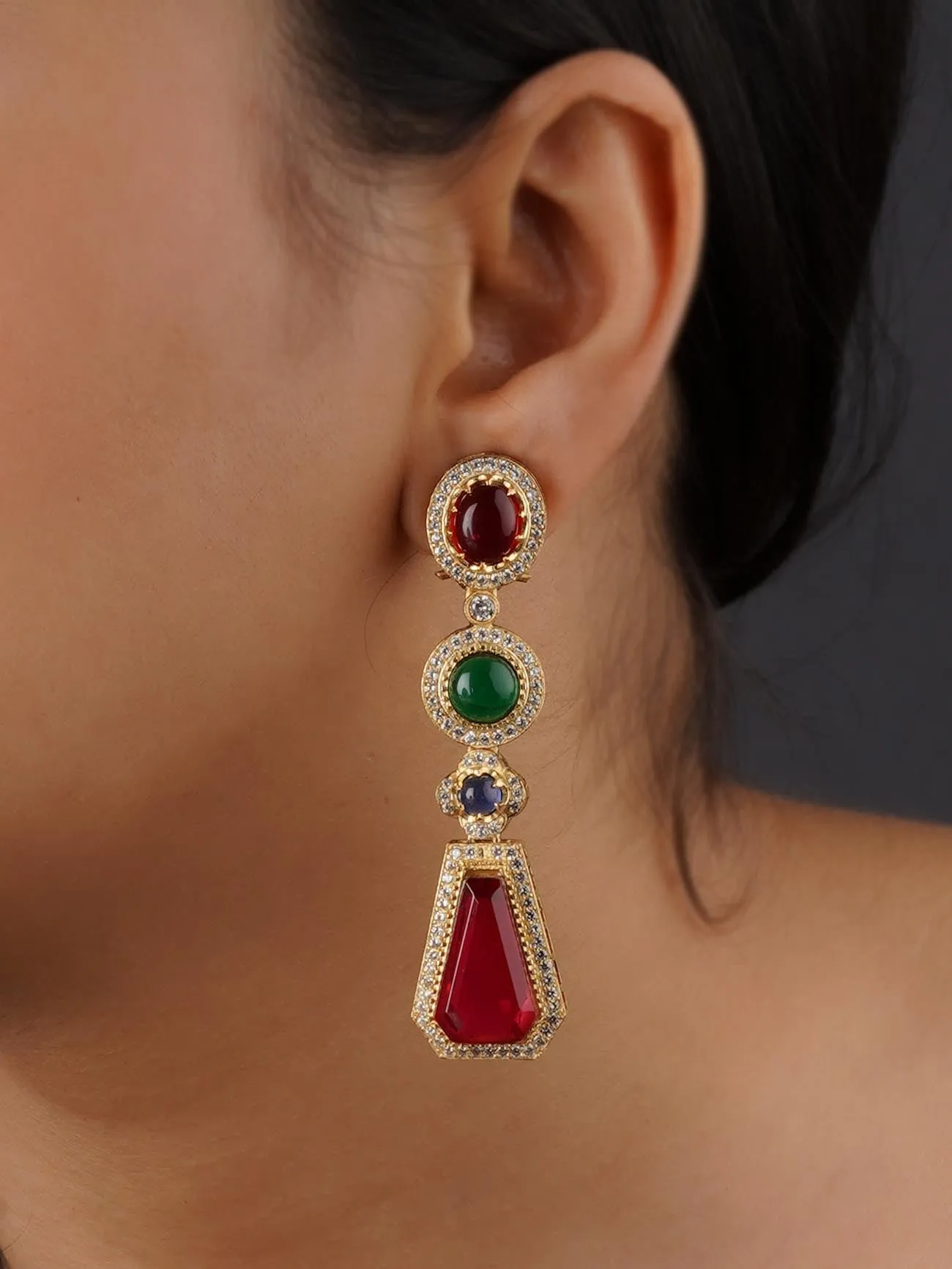 Multicolor Gold Plated Faux Diamond Earrings - CZEAR556M