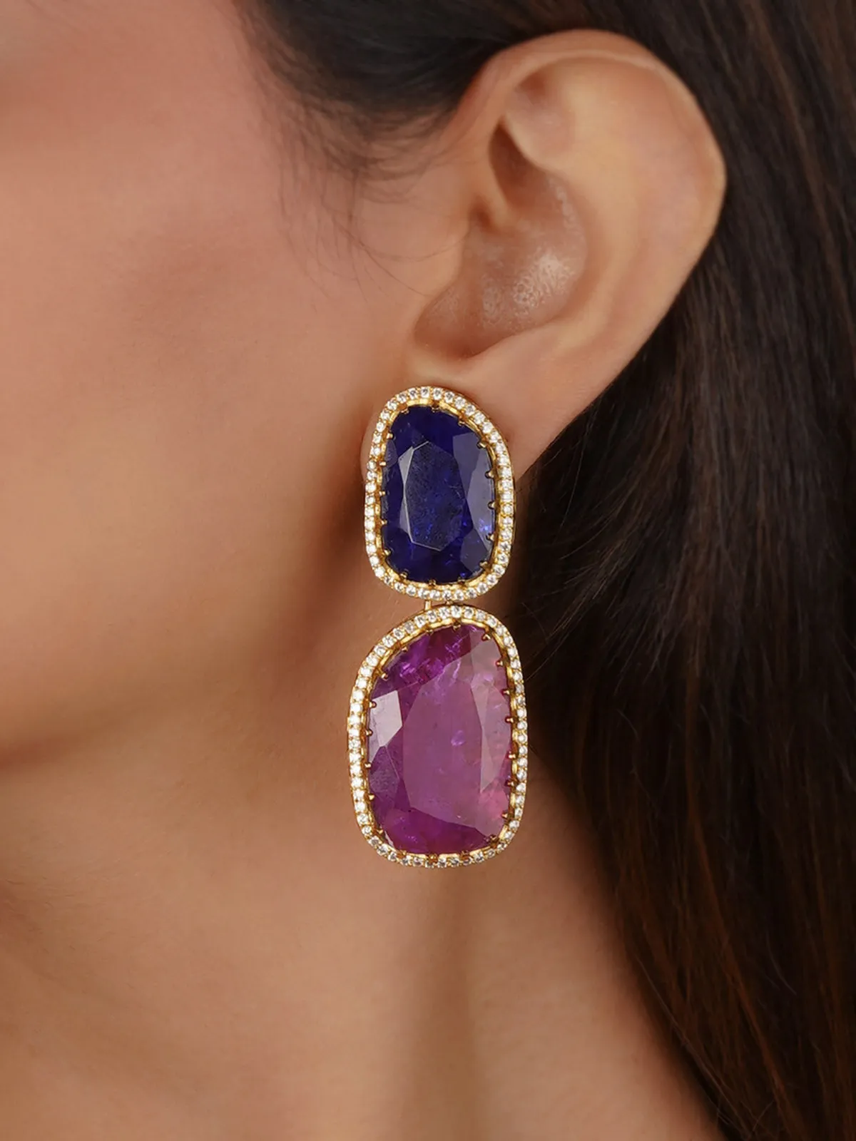 Multicolor Gold Plated Faux Diamond Earrings - CZEAR601