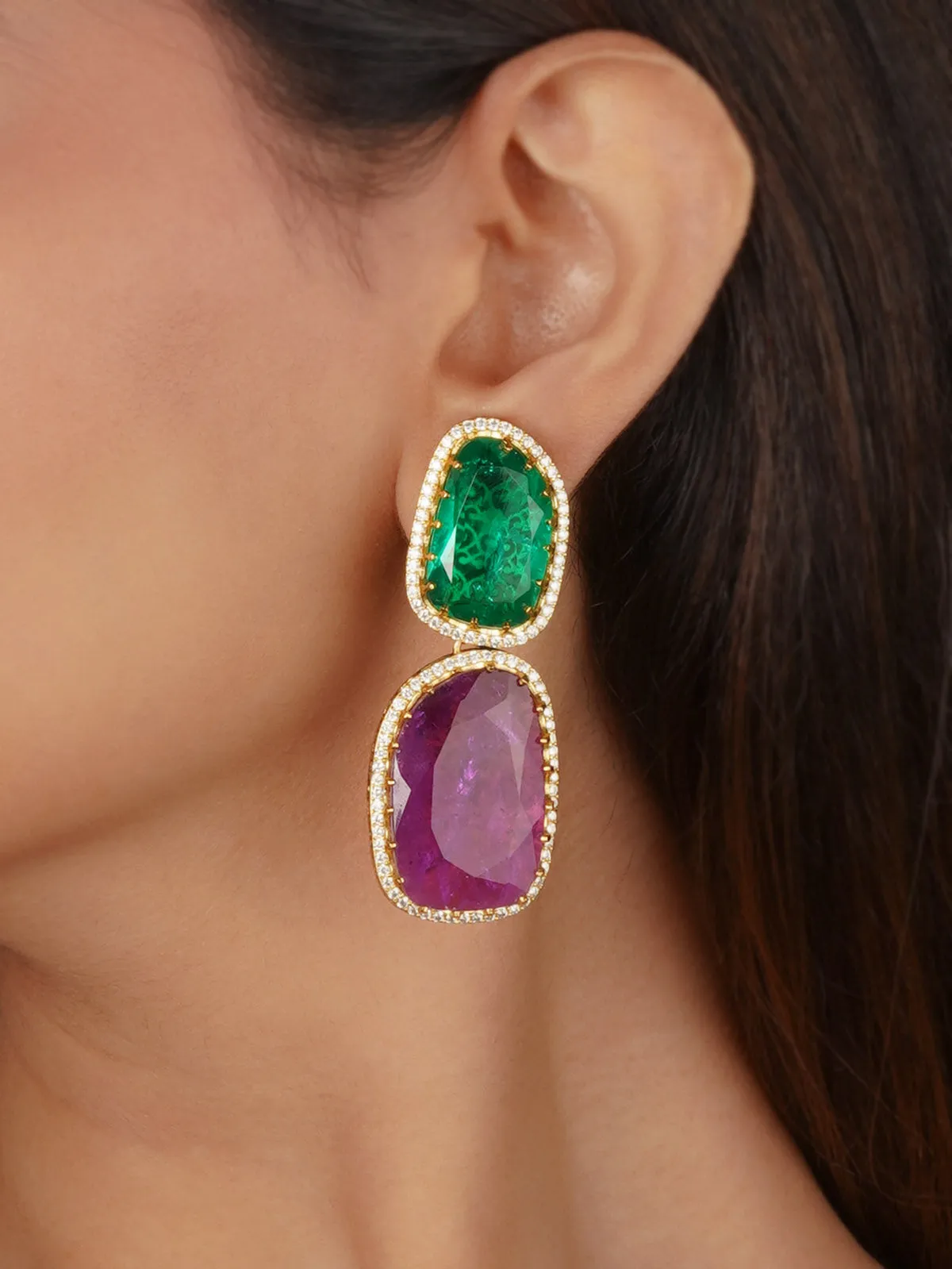 Multicolor Gold Plated Faux Diamond Earrings - CZEAR601