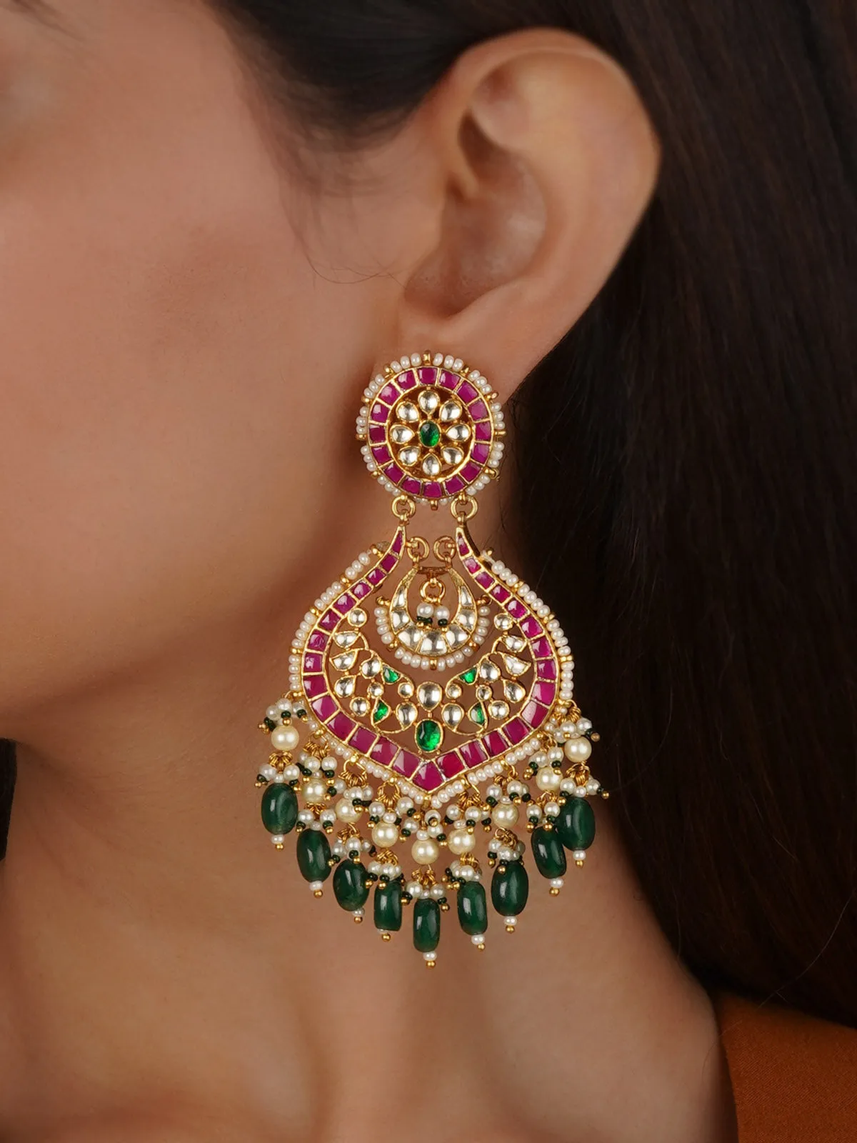 Multicolor Gold Plated Jadau Kundan Earrings - ME1308M