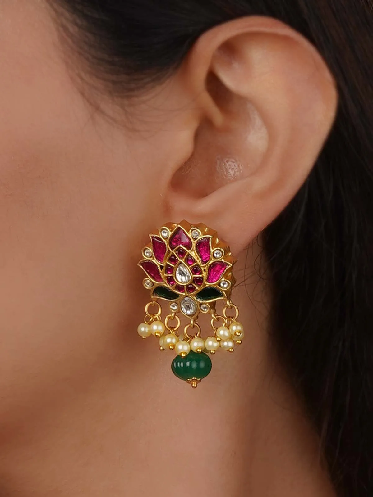 Multicolor Gold Plated Temple Earrings - TMPEAR91M