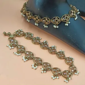 NAFJ Gold Plated Crystal Stone And Pearl Payal / Anklet