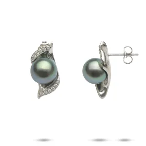 Nalu Tahitian Black Pearl Earrings in White Gold with Diamonds - 9-10mm