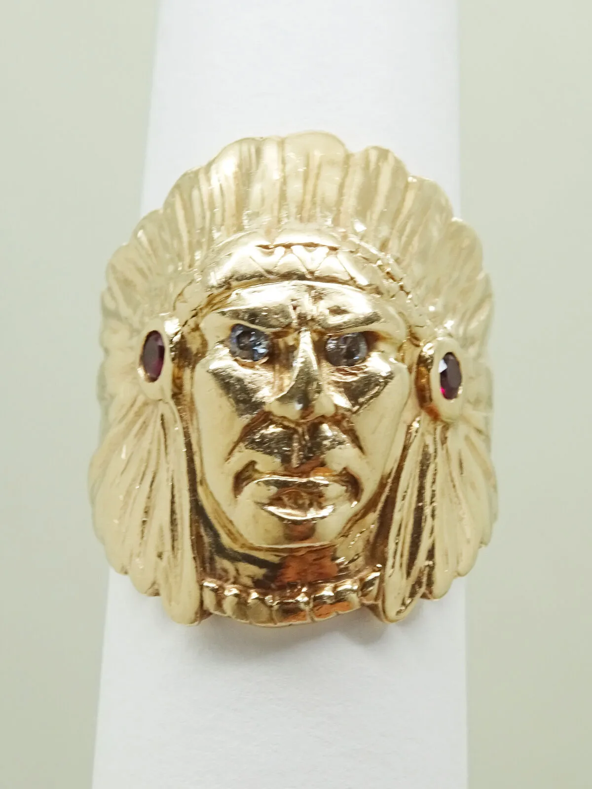 Native American Indian Chieftain Head Garnet & Diamond Ring 14k Gold Size 9.25